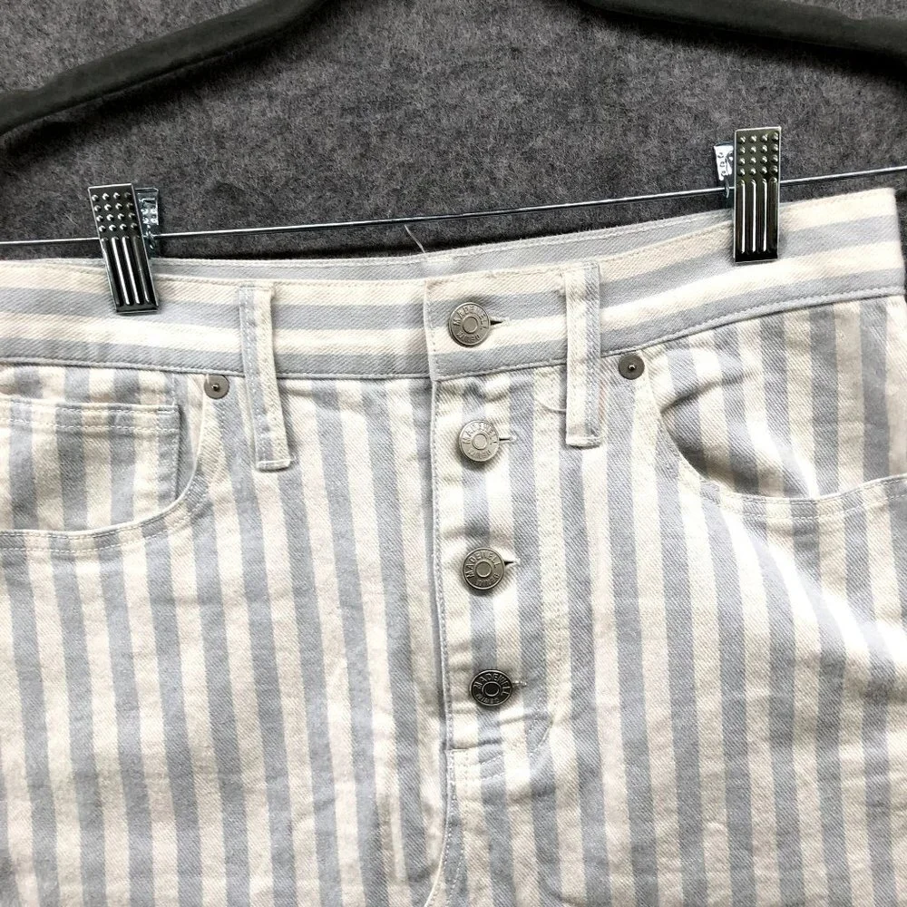 Madewell Denim Mini Skirt Sz 26‎ Pompano Stripe Blue White A Line Stretch Button - Picture 3 of 10